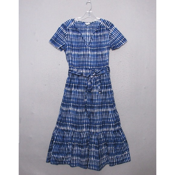 J.Crew Dresses & Skirts - J.Crew Dress 6 Blue Tie Dye Shibori Print Midi Belted Pockets Boho Tiered Beachy